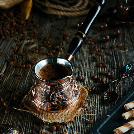 DEMMEX Thickest Copper Turkish Greek Arabic Coffee Pot, Stovetop Coffee Maker, Cezve Ibrik Briki with Wooden Handle &amp; Spoon, Hand Engraved (Copper, 9 fl Oz-3 ppl)