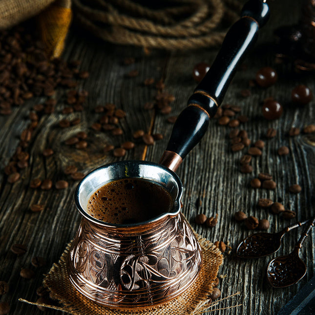 DEMMEX Thickest Copper Turkish Greek Arabic Coffee Pot, Stovetop Coffee Maker, Cezve Ibrik Briki with Wooden Handle &amp; Spoon, Hand Engraved (Copper, 9 fl Oz-3 ppl)
