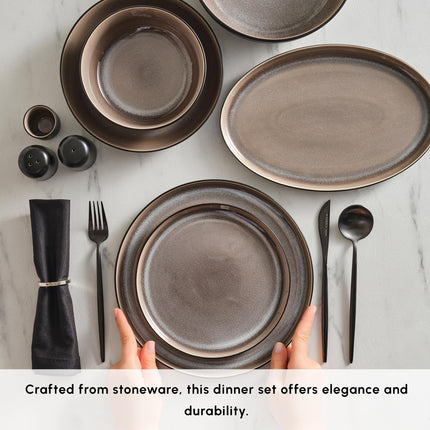 Karaca Mercure Stoneware Plates and Bowls Set, Reactive Glaze Black Dinner Set, Complete Kitchen Tableware Collection, Ideal Dinnerware for 12 People Dining Experience, Dishwasher Safe, 59 Piece