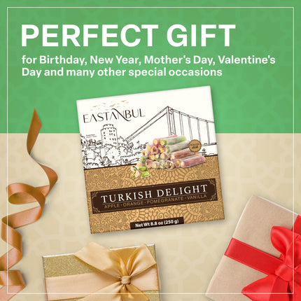 Eastanbul Turkish Delight, 8.8oz, Turkish Delights Candy Sticks Pistachio Filled w/ 4 Flavors: Apple, Orange, Pomegranate, Vanilla, International Candy, Wick Turkish Delight, Vegan Gift