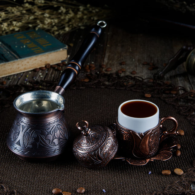 DEMMEX Thickest Engraved Solid Copper Turkish Coffee Pot – Stovetop Greek, Arabic Coffee Maker, Cezve, Ibrik, Briki – Wooden Handle &amp; Spoon - Handmade in Turkey (Antique Copper, 9 fl Oz (3ppl))
