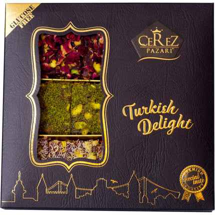 Cerez Pazari Turkish Delight Pistachio with Fantastic Rose &amp; Pomegranate Flavor Experience in Luxury Gift Box 8.8 oz | Assorted Gourmet Soft Candy, Sweet Vegan Traditional Turkish Delight (Loukoumi) (9-11 Pcs)