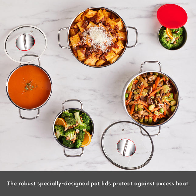 KARACA Stainless Steel Cookware Emirgan XL Set of 10 Piece, Pot, Deep Pot, Casserole, Container with Lid, Easy to Use Stylish Handles, Heat Resistant Cover, Essential Kitchen Accessory