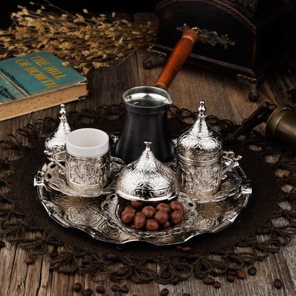DEMMEX Turkish Greek Arabic Coffee Making and Serving Full Set with Cups, Saucers, Lids, Sugar Bowl, Tray and Antiqued Copper Coffee Pot, 12 Pcs (Silver)