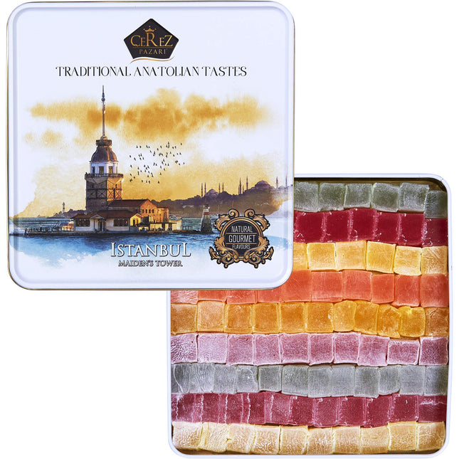 Cerez Pazari Turkish Delight Candy Gift Basket, Lokum Dessert Gourmet, Christmas Holiday Corporate Food Gifts In Elegant Tin Box, With 6 Unique Flavors, 1.6 lbs