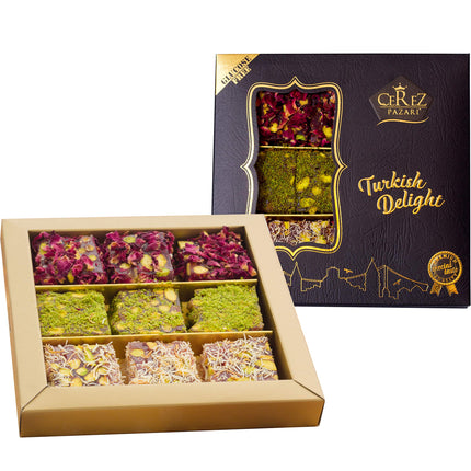 Cerez Pazari Turkish Delight Pistachio with Fantastic Rose &amp; Pomegranate Flavor Experience in Luxury Gift Box 8.8 oz | Assorted Gourmet Soft Candy, Sweet Vegan Traditional Turkish Delight (Loukoumi) (9-11 Pcs)