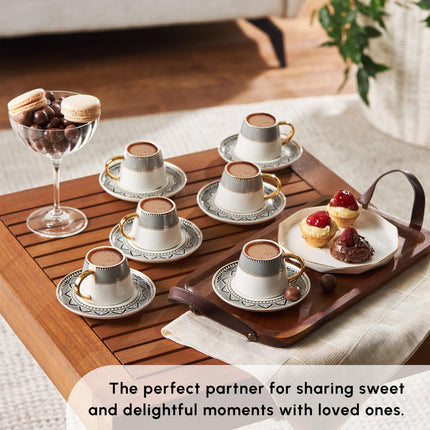 KARACA Globe Turkish Coffee Cup Set of 6, 80ml, 2.7 oz, Small Espresso Cups with Saucers, Porcelain, Black Patterns, and Gold Handles, Ideal for Serving Greek, Arabic Coffee