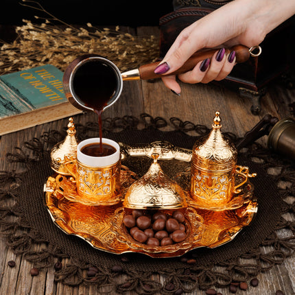 DEMMEX Turkish Greek Arabic Coffee Making and Serving Full Set with Cups Saucers Lids Sugar Bowl Tray and Copper Coffee Pot, 12 Pcs (Gold)