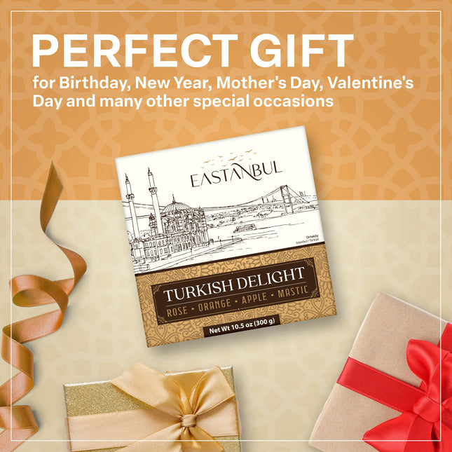 Eastanbul Turkish Delight, 10.5oz, Turkish Delights Candy Assorted, Rose, Orange, Apple, Mastic Flavor, International Candy, Turkish Delight, Plain, Gluten Free, No Synthetic Ingredient, Vegan