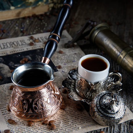 DEMMEX Thickest Copper Turkish Greek Arabic Coffee Pot, Stovetop Coffee Maker, Cezve Ibrik Briki with Wooden Handle &amp; Spoon, Hand Engraved (Copper, 9 fl Oz-3 ppl)