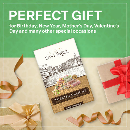 Eastanbul Turkish Delight, 17.6oz, Turkish Delights Candy Sticks Pistachio Filled w/ 4 Flavors: Apple, Orange, Pomegranate, Vanilla, International Candy, Wick Turkish Delight, Vegan Gift