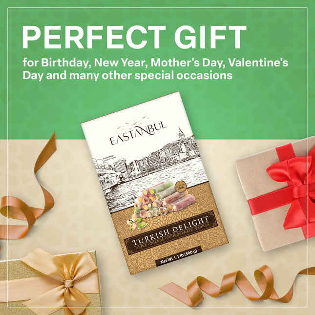 Eastanbul Turkish Delight, 17.6oz, Turkish Delights Candy Sticks Pistachio Filled w/ 4 Flavors: Apple, Orange, Pomegranate, Vanilla, International Candy, Wick Turkish Delight, Vegan Gift