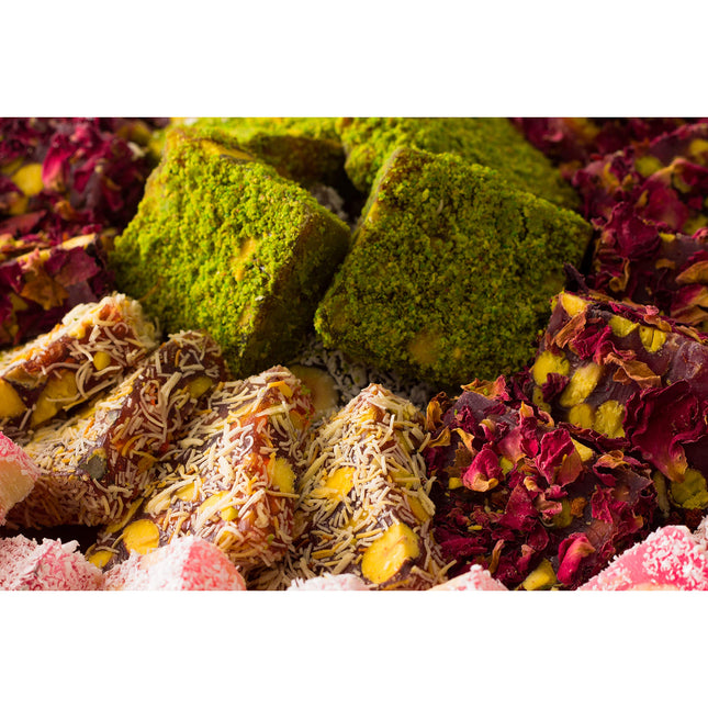Cerez Pazari Turkish Delight Pistachio and Hazelnut with Fantastic Rose &amp; Pomegranate Flavor Experience in Luxury Large Gift Box 500g | Assorted Gourmet, Sweet Vegan Traditional Turkish Delight (16-20 Pcs)