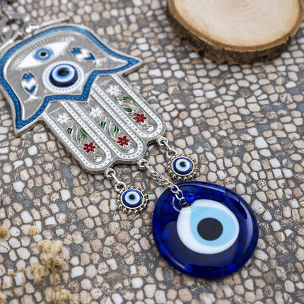 Erbulus Turkish Blue Hamsa Hand of Mother Fatima Evil Eye Wall Hanging Ornament - Turkish Nazar Bead Amulet – Good Luck Charm Gift -Metal Home Protection Decor in a Box (Blue)
