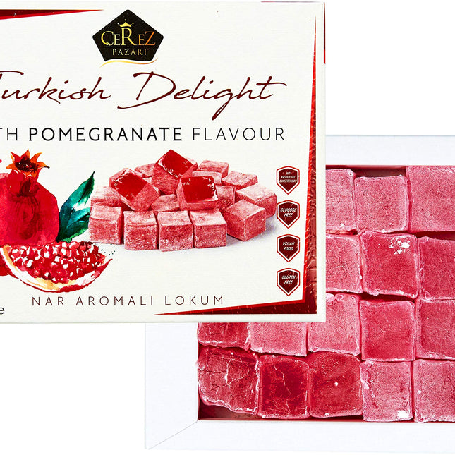 Cerez Pazari Turkish Delight with Pomegranate Flavor 200 gr Gourmet Small Size Snacks Gift Box No Nuts Sweet Luxury Traditional Confectionery Vegan Candy Dessert Glucose Free Turkish Delight Approx.18 Pcs