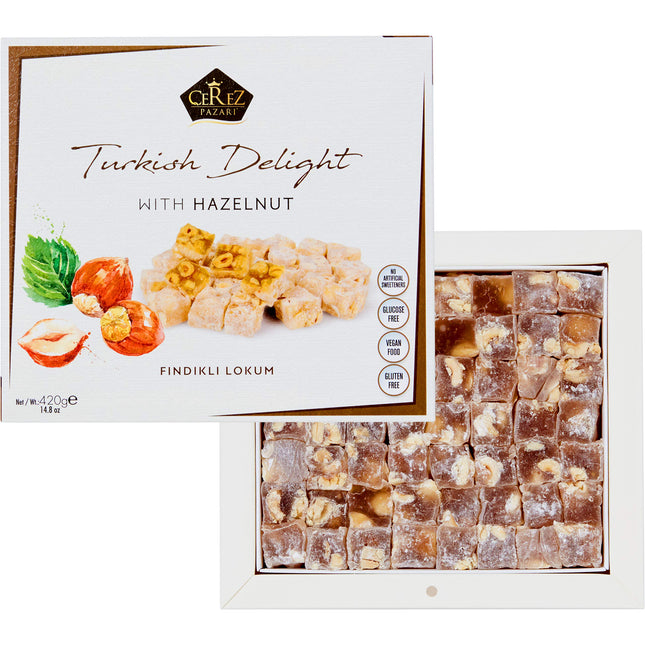 Cerez Pazari Turkish Delight Hazelnut Candy Gourmet Premium Vegan Sweets Medium Gift Box 14.8oz | Sweet Luxury Traditional Confectionery Soft Candy Dessert Glucose Free Turkish Delight (Loukoumi) | Apprx.42 Pcs