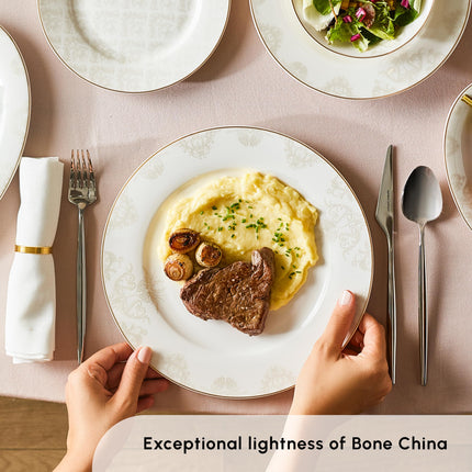 Karaca Siena Porcelain Plates and Bowls Set with Dinner &amp; Dessert Plates, Salt &amp; Pepper Shakers - Bone China Dishware Sets - Kitchen Dinnerware Set for 12 People (53-Piece, White Dish Set)