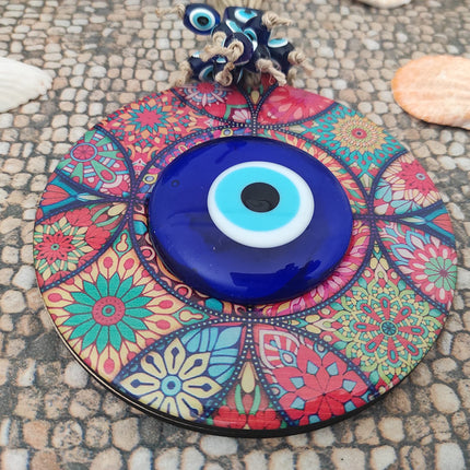 Erbulus Evil Eye Decor Mandala Wall Hanging - 5.1" Wooden Circle - Turkish Evil Eye Amulet - Evil Eye Protection Charm - Wall Art Amulet in a Box