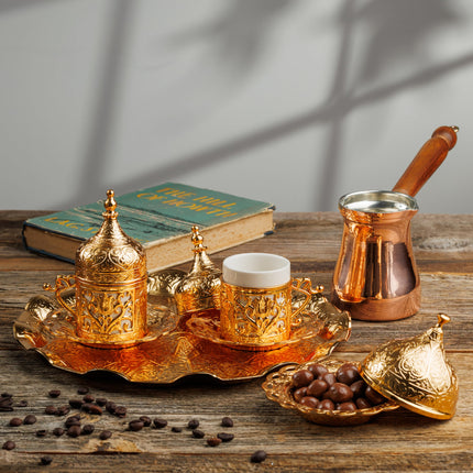 DEMMEX Turkish Greek Arabic Coffee Making and Serving Full Set with Cups Saucers Lids Sugar Bowl Tray and Copper Coffee Pot, 12 Pcs (Gold)