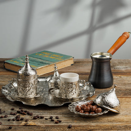 DEMMEX Turkish Greek Arabic Coffee Making and Serving Full Set with Cups, Saucers, Lids, Sugar Bowl, Tray and Antiqued Copper Coffee Pot, 12 Pcs (Silver)