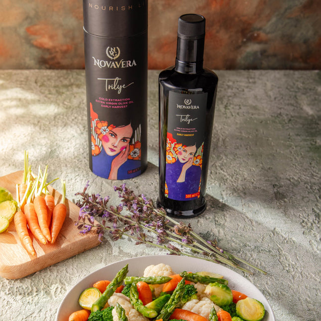 NVG NOVAVERA Trilye Polyphenol Rich Olive Oil, Medium, Pungency and Fruitiness With a Peppery Finish Extra Virgin Olive Oil, Evoo World Ranking Top 5, Low Acidity, Organic Agriculture, Early Harvest, Cold Pressed, 16.9 oz