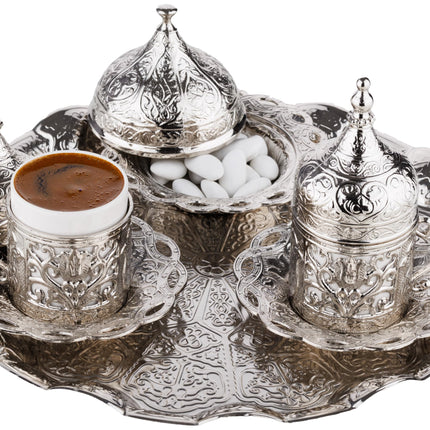 DEMMEX Turkish Greek Arabic Coffee Making and Serving Full Set with Cups, Saucers, Lids, Sugar Bowl, Tray and Antiqued Copper Coffee Pot, 12 Pcs (Silver)