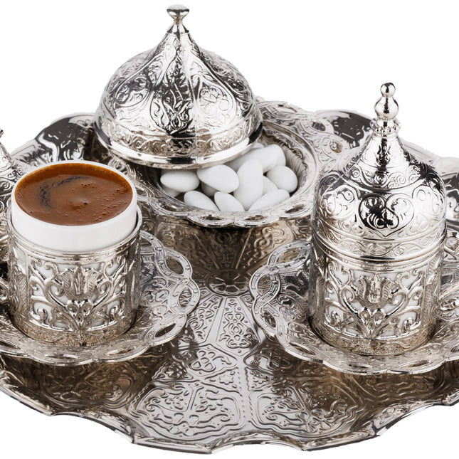 DEMMEX Turkish Greek Arabic Coffee Making and Serving Full Set with Cups, Saucers, Lids, Sugar Bowl, Tray and Antiqued Copper Coffee Pot, 12 Pcs (Silver)