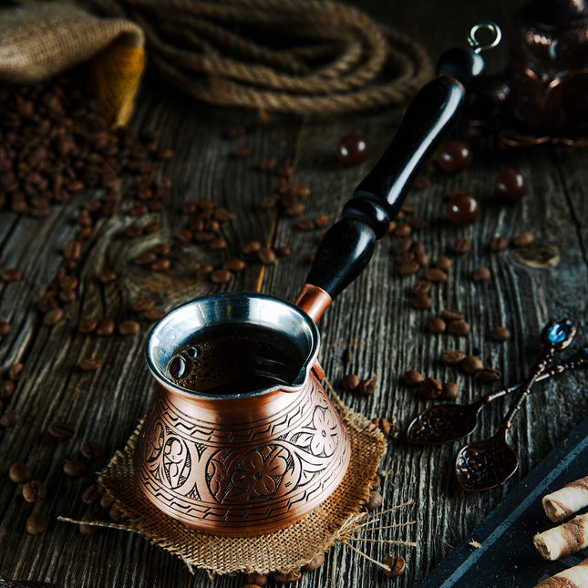 DEMMEX Thickest Engraved Solid Copper Turkish Coffee Pot – Stovetop Greek, Arabic Coffee Maker, Cezve, Ibrik, Briki – Wooden Handle &amp; Spoon - Handmade in Turkey (Matte Copper, 9 fl Oz (3ppl))