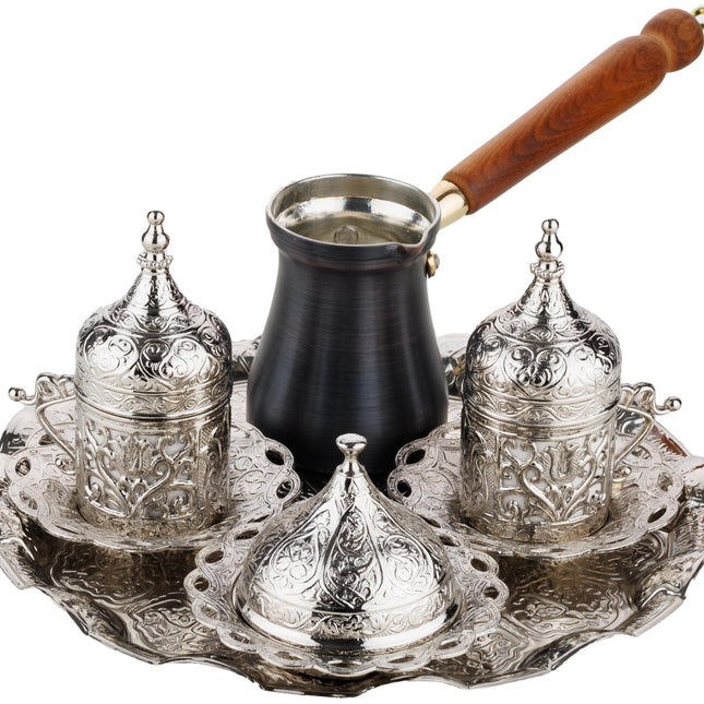 DEMMEX Turkish Greek Arabic Coffee Making and Serving Full Set with Cups, Saucers, Lids, Sugar Bowl, Tray and Antiqued Copper Coffee Pot, 12 Pcs (Silver)