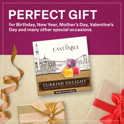 Eastanbul Turkish Delight Candy 10.5oz, 4 Flavors Pomegranate, Orange, Tart Cherry, &amp; Lemon Turkish Delights Assorted, Foreign Candy of Turkish Turkish Delight, Turkish Delight Plain, International Candy Box, Mother's Day Gift