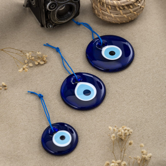 Erbulus Turkish Blue Evil Eye Wall Hanging Ornament - Turkish Nazar Beads - Ojo Turco - Triple Evil Eye Home Protection Charm Set of 3 - Wall Decor Amulet in a Box (Blue)