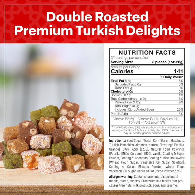 Eastanbul Turkish Delight, 32oz, Turkish Delights Candy, Premium Assorted Lokum with Nuts, Lokum with Nuts in Souvenir Wooden Gift Box, International Candy Sweets, Gourmet Gift Box