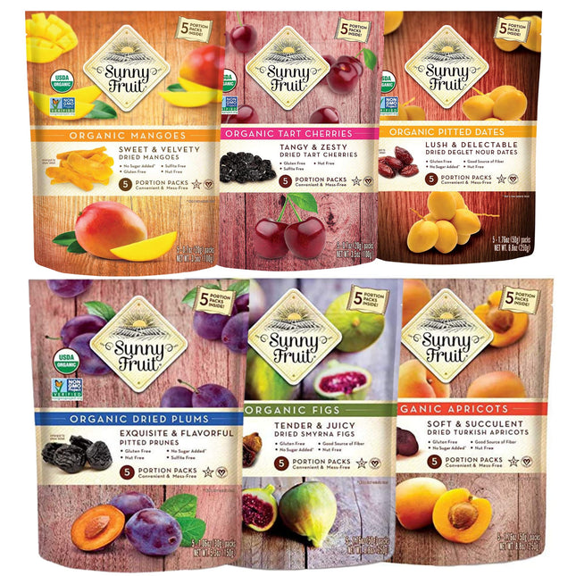 Sunny Fruit Organic Dried Fruit Assortment - Figs, Apricots, Dates, Mango, Cherries &amp; Prunes Variety, 6 Bags (30 Individual Portion Packs) | NON-GMO, HALAL, KOSHER, NO PRESERVATIVES, NO SUGAR ADDED