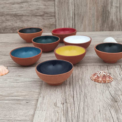 Ayennur Turkish Terracotta Pinch Charcuterie Ceramic Bowls Set of 8-3.15 Inch(8cm)-3.5 (oz),Dipping Sauce Dish Prep Condiments Small Tiny Bowls (Multi 6)