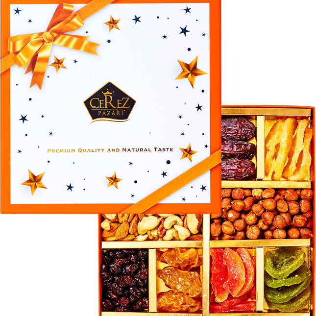 Cerez Pazari Dried Fruit and Nuts Gift Basket, Gourmet Holiday Gift Box Variety Of 10, Healthy Party Snack, Elegant Orange Box, 1.43 lbs