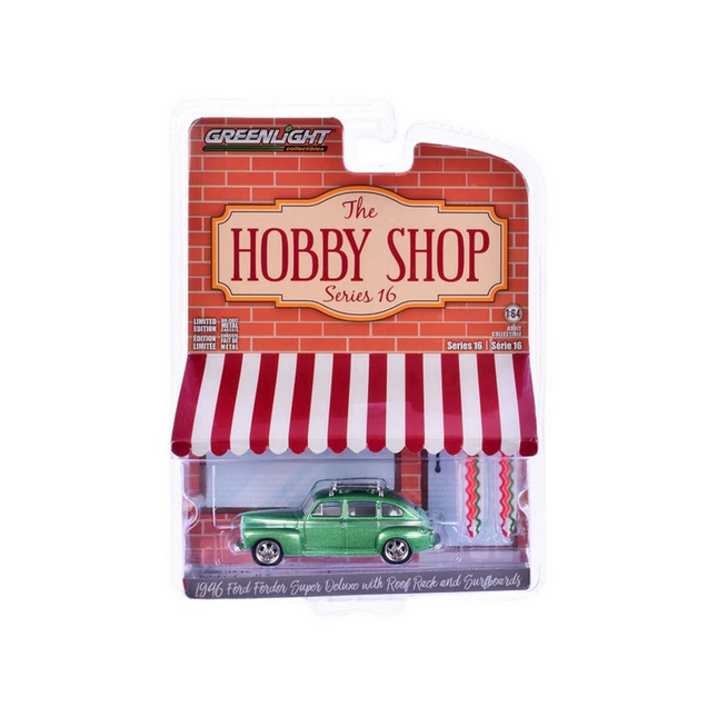 Greenlight 1/64 The Hobby Shop Series 16 - 1946 Ford Fordor Super Deluxe Green Metallic with White Interior and Roof Rack with Surfboards