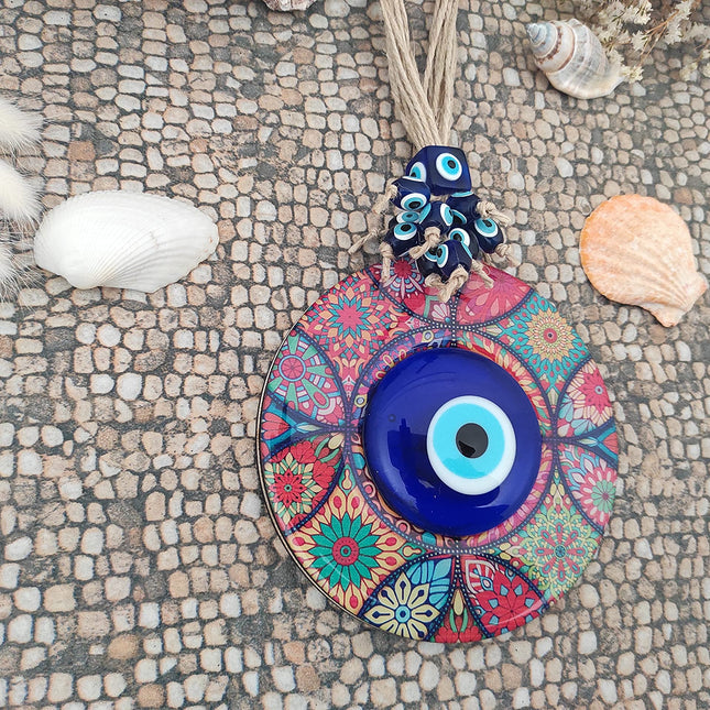 Erbulus Evil Eye Decor Mandala Wall Hanging - 5.1" Wooden Circle - Turkish Evil Eye Amulet - Evil Eye Protection Charm - Wall Art Amulet in a Box