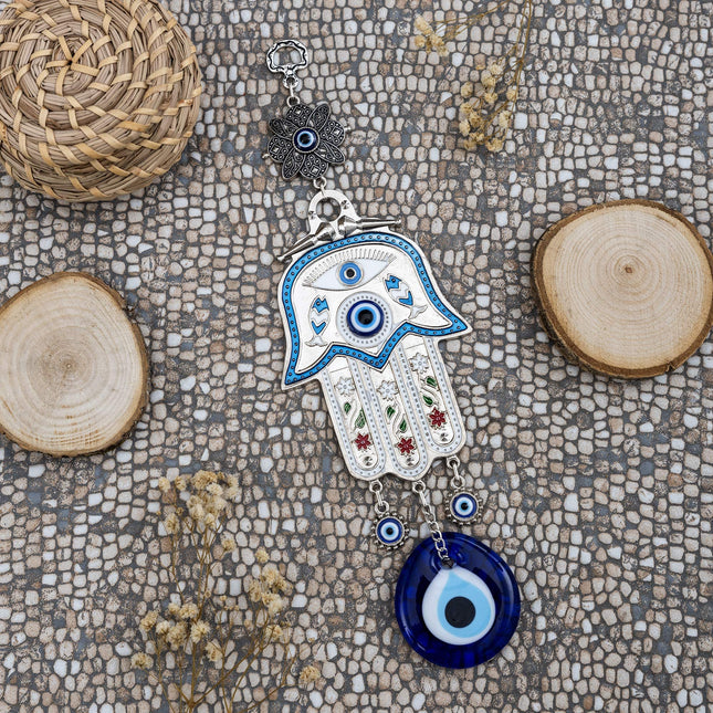 Erbulus Turkish Blue Hamsa Hand of Mother Fatima Evil Eye Wall Hanging Ornament - Turkish Nazar Bead Amulet – Good Luck Charm Gift -Metal Home Protection Decor in a Box (Blue)
