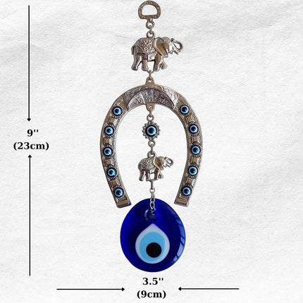Erbulus Turkish Silver Horse Shoe Blue Evil Eye Wall Hanging Ornament with Elephant - Turkish Nazar Bead Amulet – Home Protection and Good Luck Charm Gift in a Box