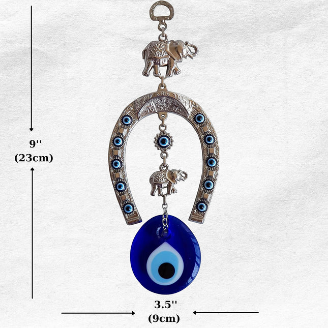 Erbulus Turkish Silver Horse Shoe Blue Evil Eye Wall Hanging Ornament with Elephant - Turkish Nazar Bead Amulet – Home Protection and Good Luck Charm Gift in a Box