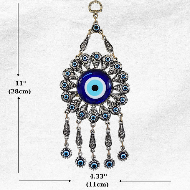 Erbulus Turkish Glass Blue Evil Eye Wall Hanging Ornament with Flower Design - Metal Home Decor - Turkish Nazar Bead Amulet - Protection and Good Luck Charm Gift in a Box
