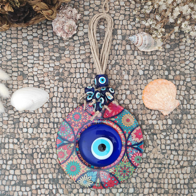Erbulus Evil Eye Decor Mandala Wall Hanging - 5.1" Wooden Circle - Turkish Evil Eye Amulet - Evil Eye Protection Charm - Wall Art Amulet in a Box