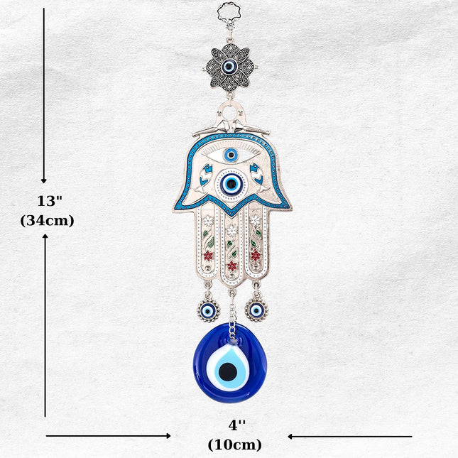 Erbulus Turkish Blue Hamsa Hand of Mother Fatima Evil Eye Wall Hanging Ornament - Turkish Nazar Bead Amulet – Good Luck Charm Gift -Metal Home Protection Decor in a Box (Blue)