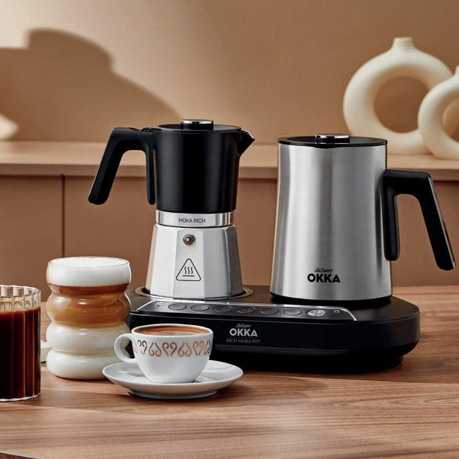 Arzum Okka Rich Moka Pot Turkish Coffee and Moka Maker, Velvetizer, Milk Frother, 120V, 5 Cups, Stainless Steel Cooking Pot, Chrome