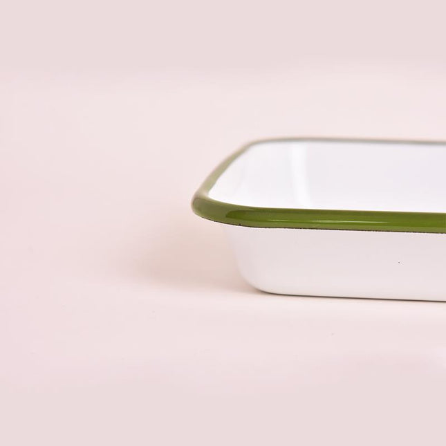 Enamel Appetizer Plate White Corded Green 27 x 19 cm