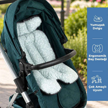 Babyjem 2 in 1 Puset ve Mama Sandalyesi Minderi Yeşil Çiçek %100 Pamuk