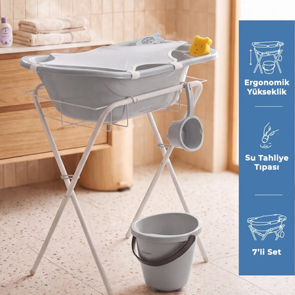 Babyjem Ayaklı Bebek Banyo Küvet Seti 7 Parça Soft Gri