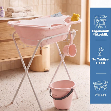 Babyjem Ayaklı Bebek Banyo Küvet Seti 7 Parça Soft Pembe