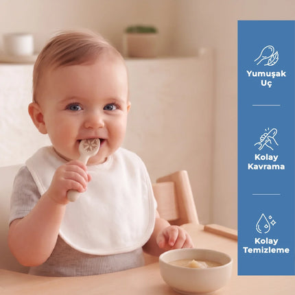 Babyjem Kolay Kavrama Silikon İkili İlk Püre Mama Kaşığım Ekru