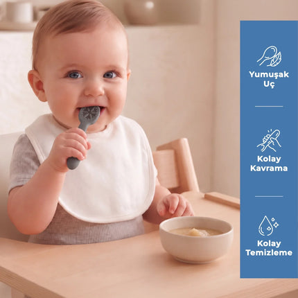 Babyjem Kolay Kavrama Silikon İkili İlk Püre Mama Kaşığım Gri